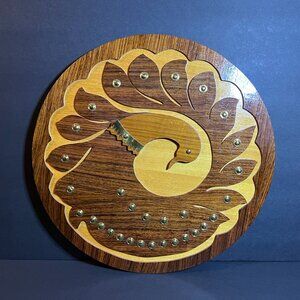 Vintage Unique Wooden Laser Cut Marquetry Brass Rivet Peacock Round Wall Hanger